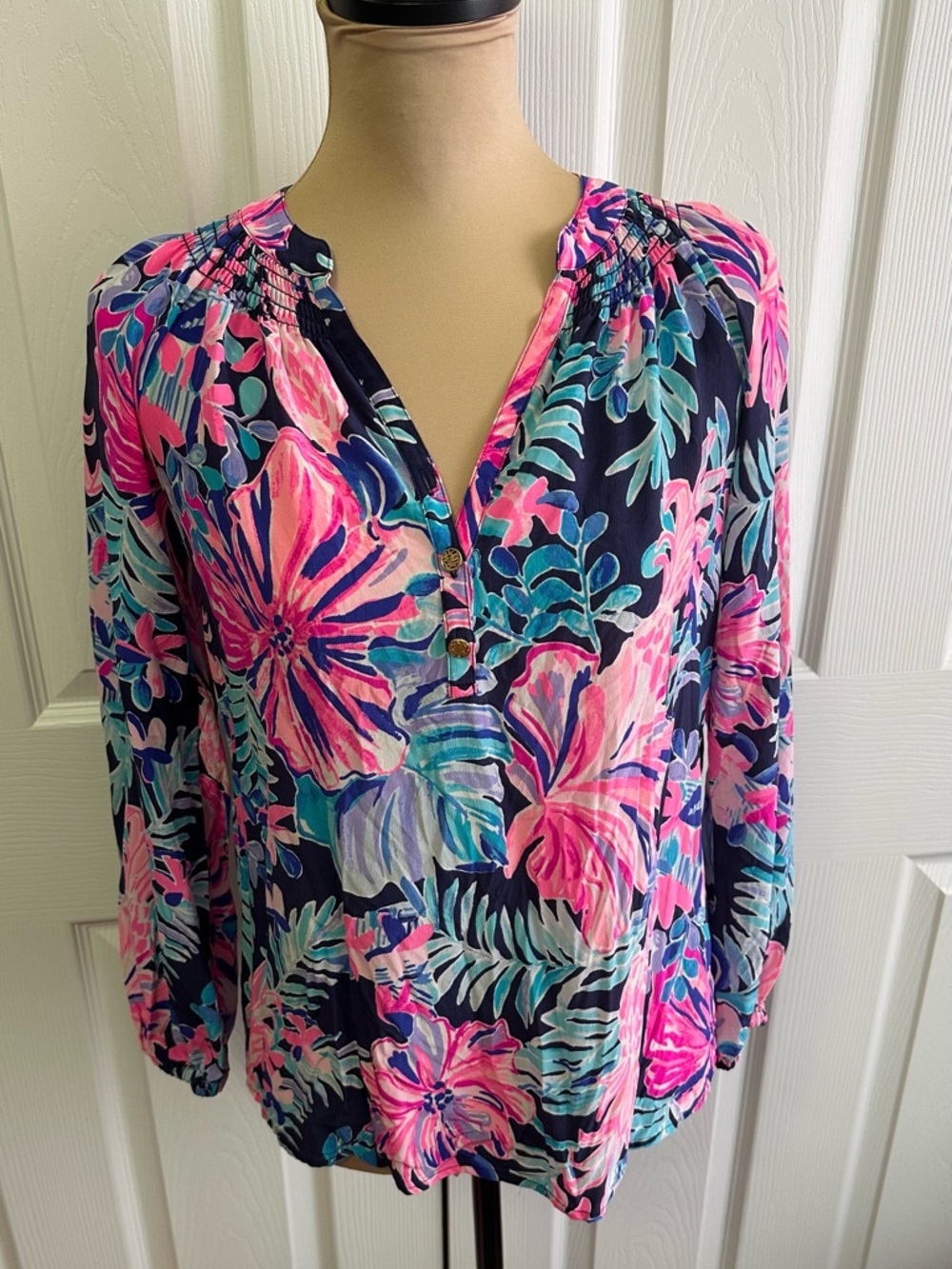Lilly Pulitzer Navy Blouse with Pink & Teal Floral Print